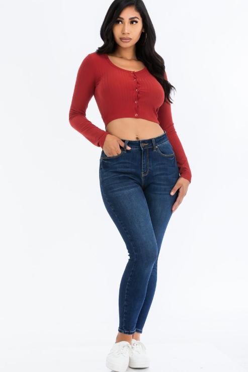 Ribbed Long Sleeve Snap Button Down Crop Top - Wholesale Capella Apparel