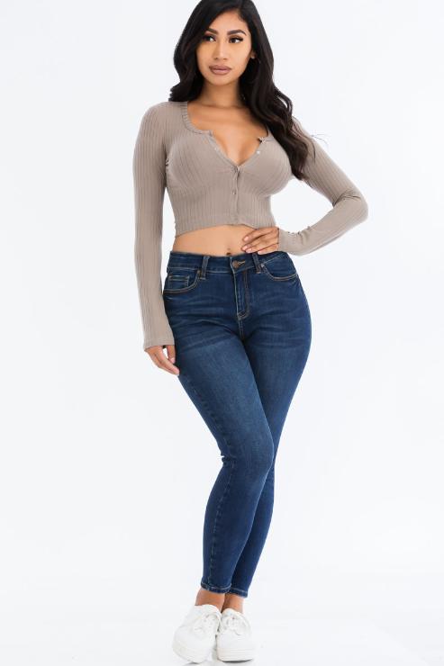 Ribbed Long Sleeve Snap Button Down Crop Top - Wholesale Capella Apparel