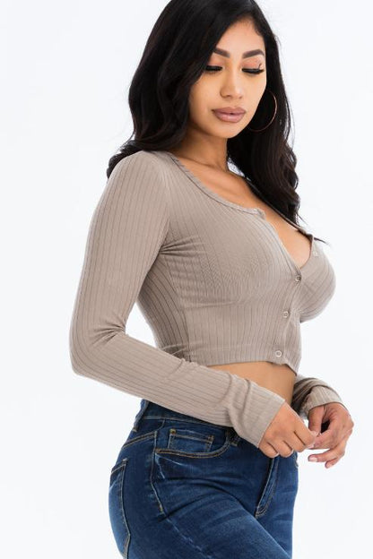 Ribbed Long Sleeve Snap Button Down Crop Top - Wholesale Capella Apparel