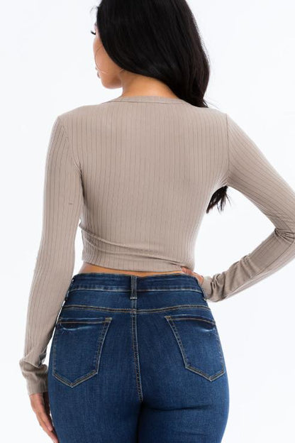 Ribbed Long Sleeve Snap Button Down Crop Top - Wholesale Capella Apparel