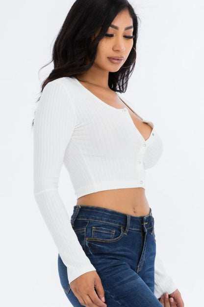 Ribbed Long Sleeve Snap Button Down Crop Top - Wholesale Capella Apparel