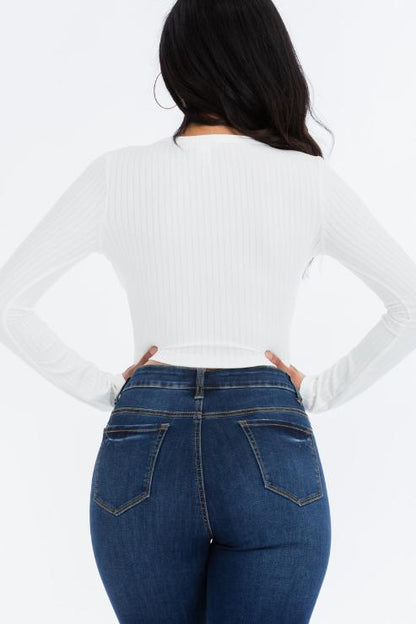 Ribbed Long Sleeve Snap Button Down Crop Top - Wholesale Capella Apparel