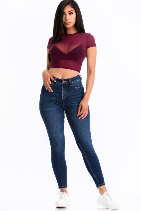 Sexy Mesh Sheer Short Sleeve Crop Top - Wholesale Capella Apparel