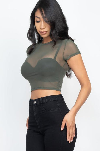 Sexy Mesh Sheer Short Sleeve Crop Top - Wholesale Capella Apparel