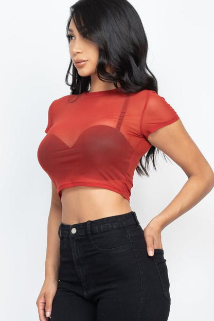 Sexy Mesh Sheer Short Sleeve Crop Top - Wholesale Capella Apparel