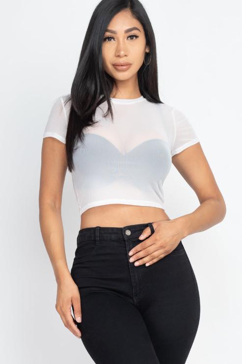 Sexy Mesh Sheer Short Sleeve Crop Top - Wholesale Capella Apparel