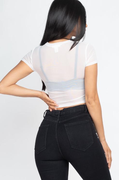 Sexy Mesh Sheer Short Sleeve Crop Top - Wholesale Capella Apparel