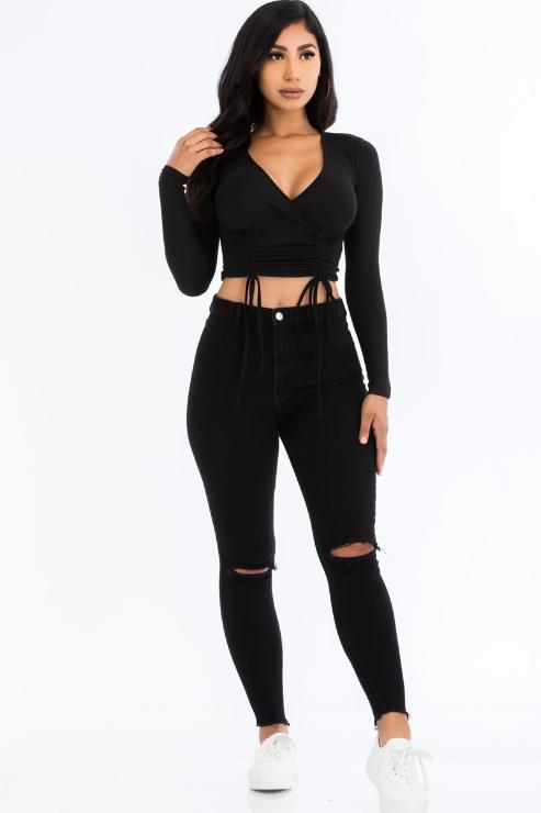 Ribbed Drawstring Long Sleeve Crop Top - Capella Apparel Wholesale