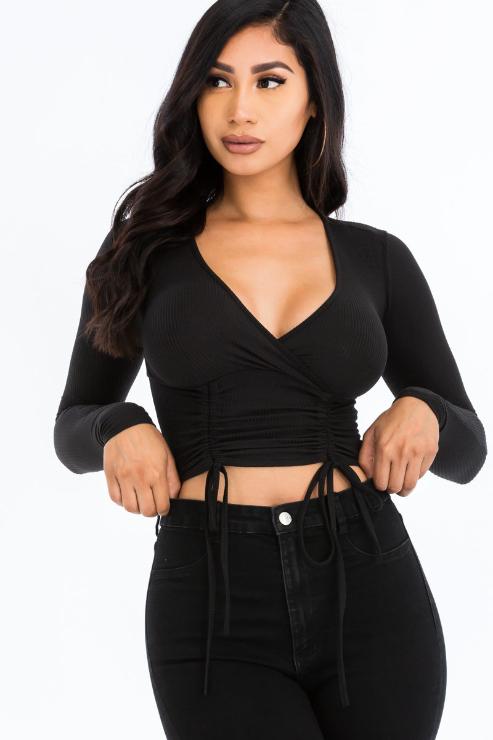 Ribbed Drawstring Long Sleeve Crop Top - Capella Apparel Wholesale