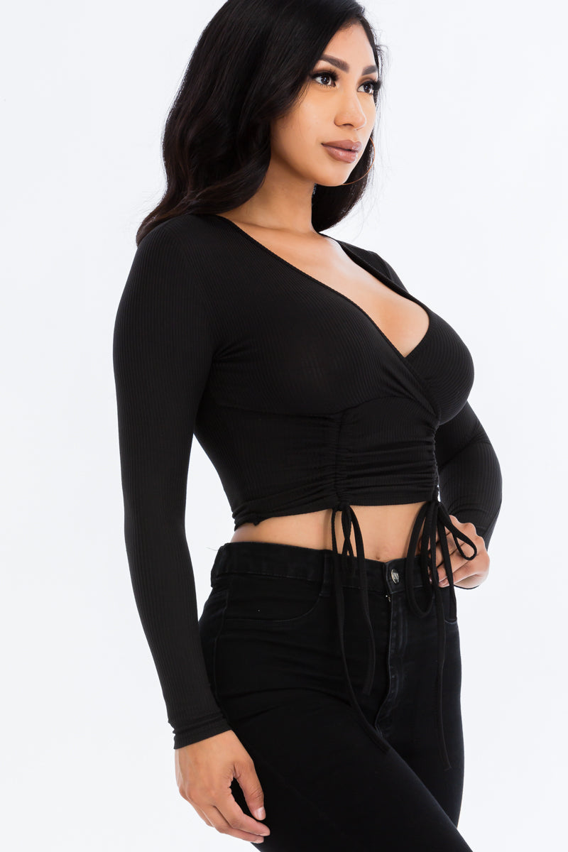 Ribbed Drawstring Long Sleeve Crop Top (CAPELLA) - Capella Apparel