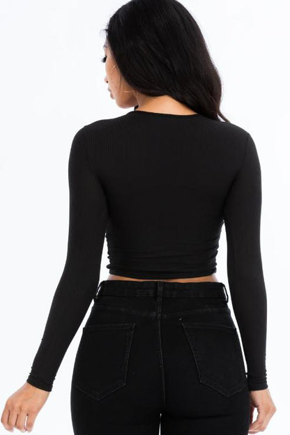 Ribbed Drawstring Long Sleeve Crop Top - Capella Apparel Wholesale