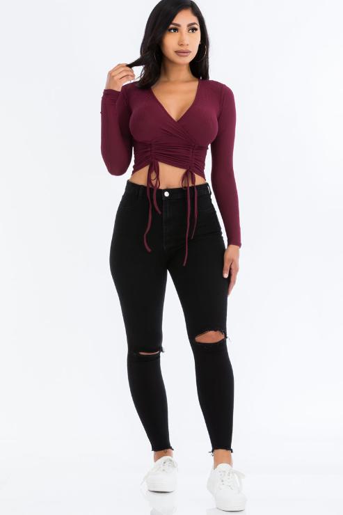 Ribbed Drawstring Long Sleeve Crop Top - Capella Apparel Wholesale