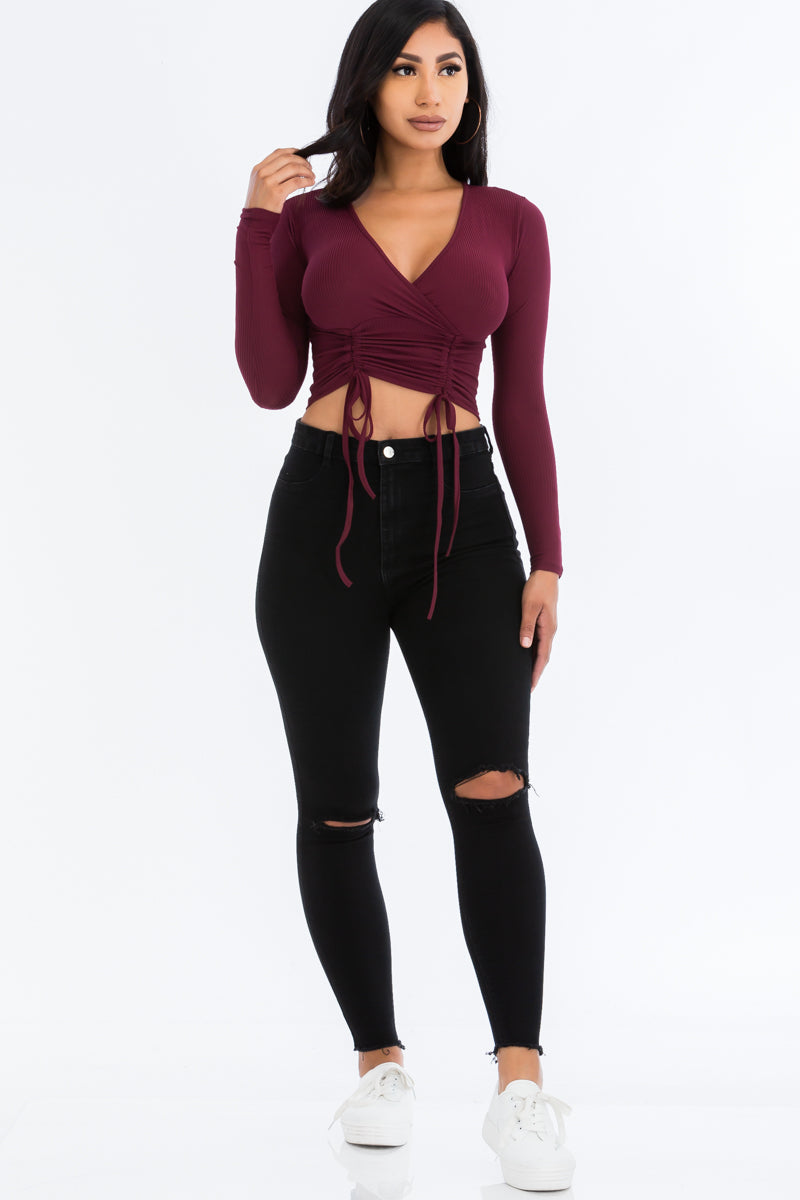 Ribbed Drawstring Long Sleeve Crop Top (CAPELLA) - Capella Apparel