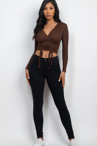 Ribbed Drawstring Long Sleeve Crop Top (CAPELLA) - Capella Apparel