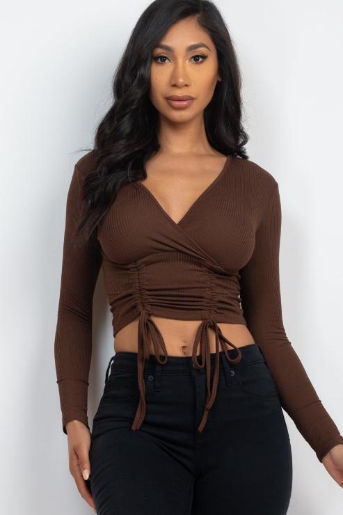 Ribbed Drawstring Long Sleeve Crop Top - Capella Apparel Wholesale