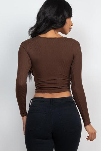 Ribbed Drawstring Long Sleeve Crop Top - Capella Apparel Wholesale