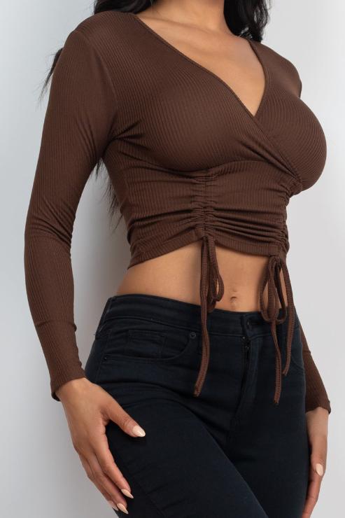 Ribbed Drawstring Long Sleeve Crop Top - Capella Apparel Wholesale