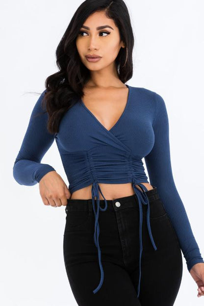 Ribbed Drawstring Long Sleeve Crop Top - Capella Apparel Wholesale