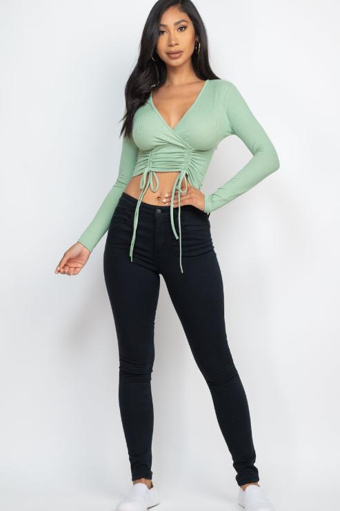 Ribbed Drawstring Long Sleeve Crop Top - Capella Apparel Wholesale