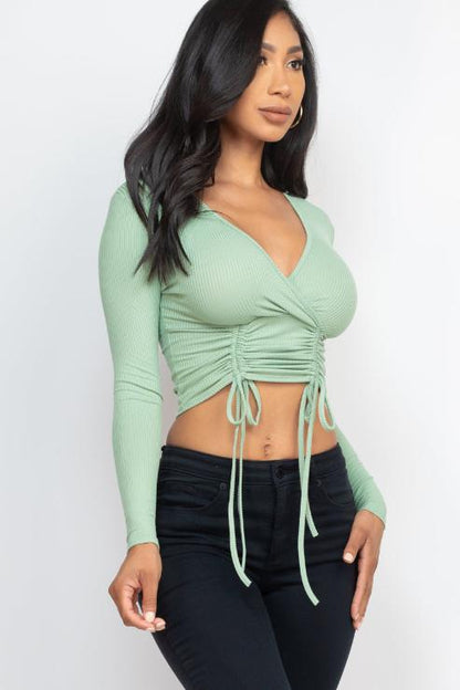 Ribbed Drawstring Long Sleeve Crop Top - Capella Apparel Wholesale