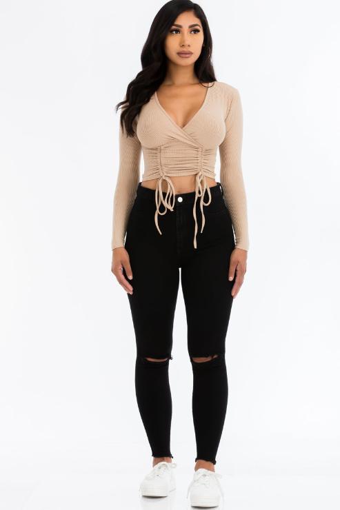 Ribbed Drawstring Long Sleeve Crop Top - Capella Apparel Wholesale