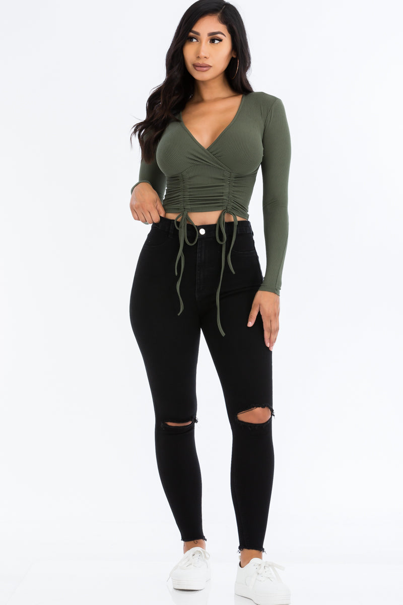 Ribbed Drawstring Long Sleeve Crop Top (CAPELLA) - Capella Apparel