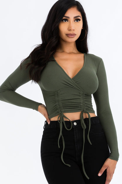 Ribbed Drawstring Long Sleeve Crop Top (CAPELLA) - Capella Apparel