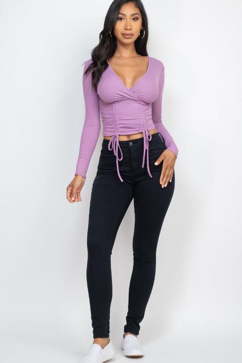 Ribbed Drawstring Long Sleeve Crop Top - Capella Apparel Wholesale