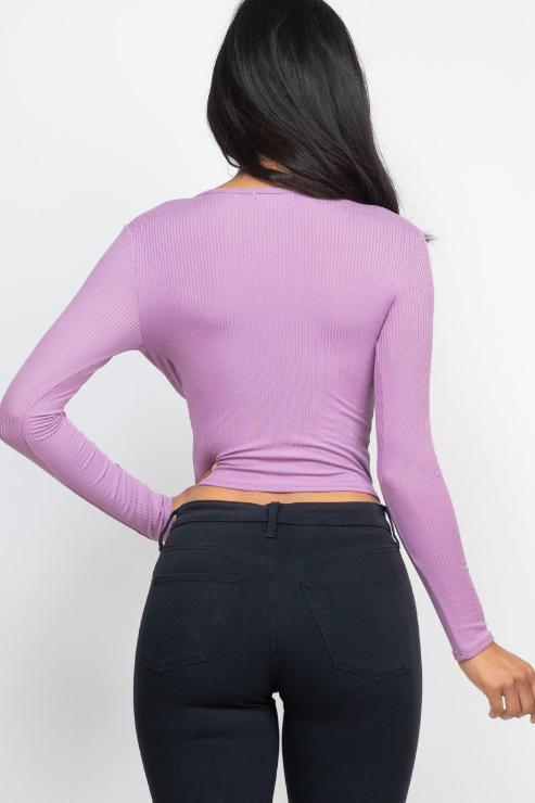 Ribbed Drawstring Long Sleeve Crop Top - Capella Apparel Wholesale