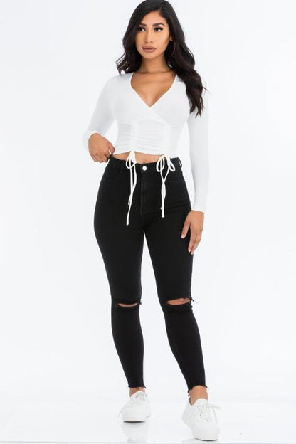 Ribbed Drawstring Long Sleeve Crop Top - Capella Apparel Wholesale