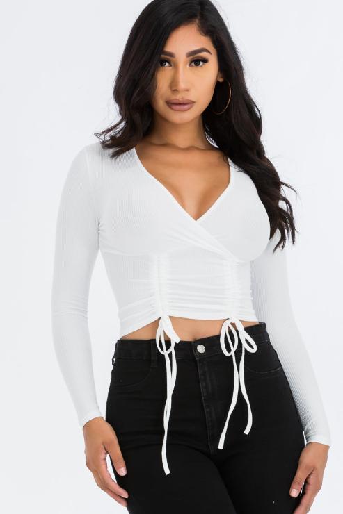 Ribbed Drawstring Long Sleeve Crop Top - Capella Apparel Wholesale