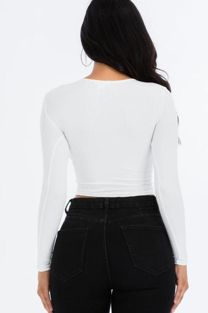 Ribbed Drawstring Long Sleeve Crop Top - Capella Apparel Wholesale