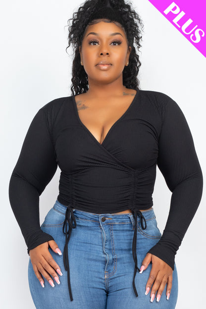 Plus Size Ribbed Drawstring Long Sleeve Crop Top - Capella Apparel Wholesale