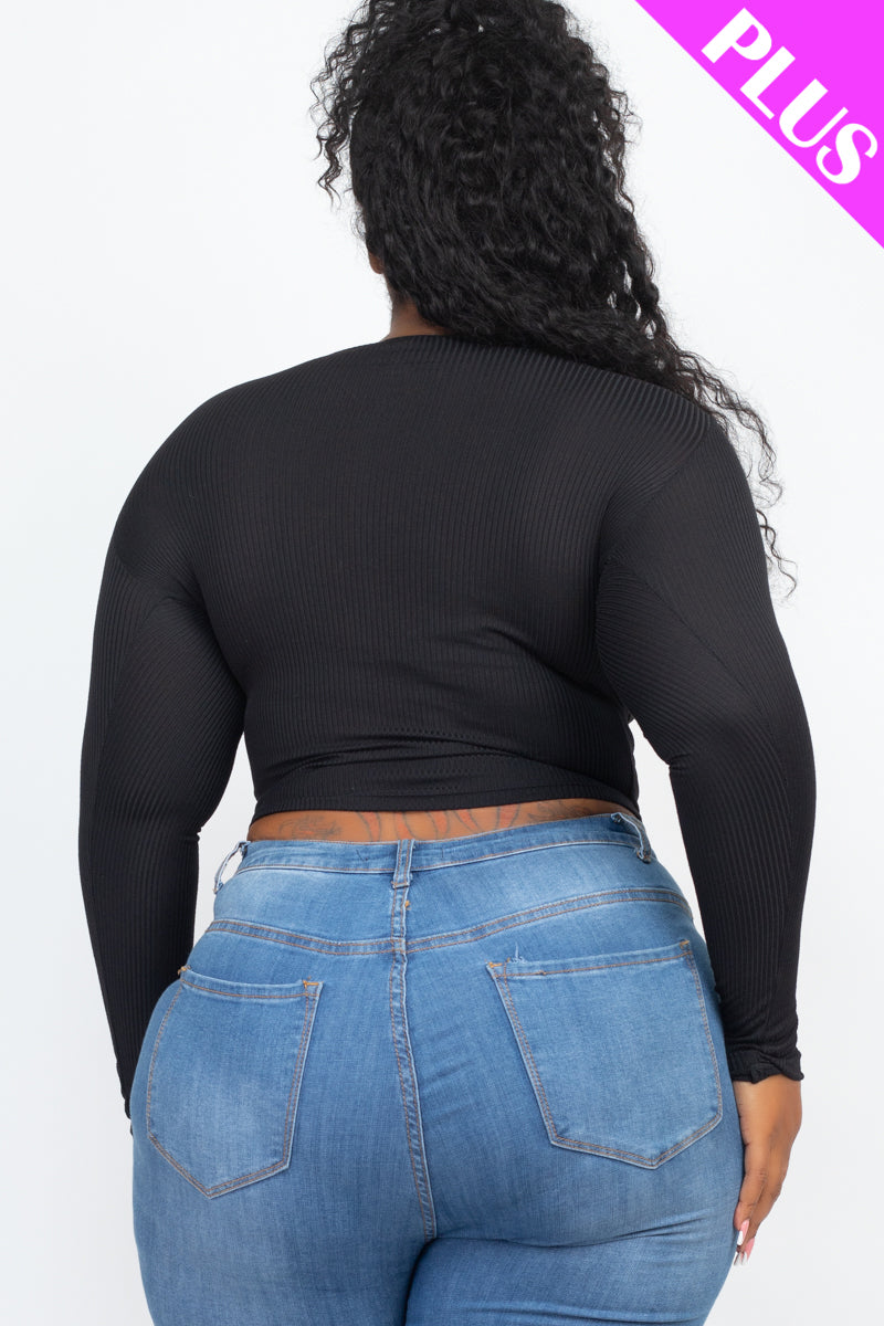 Plus Size Ribbed Drawstring Long Sleeve Crop Top - Capella Apparel Wholesale