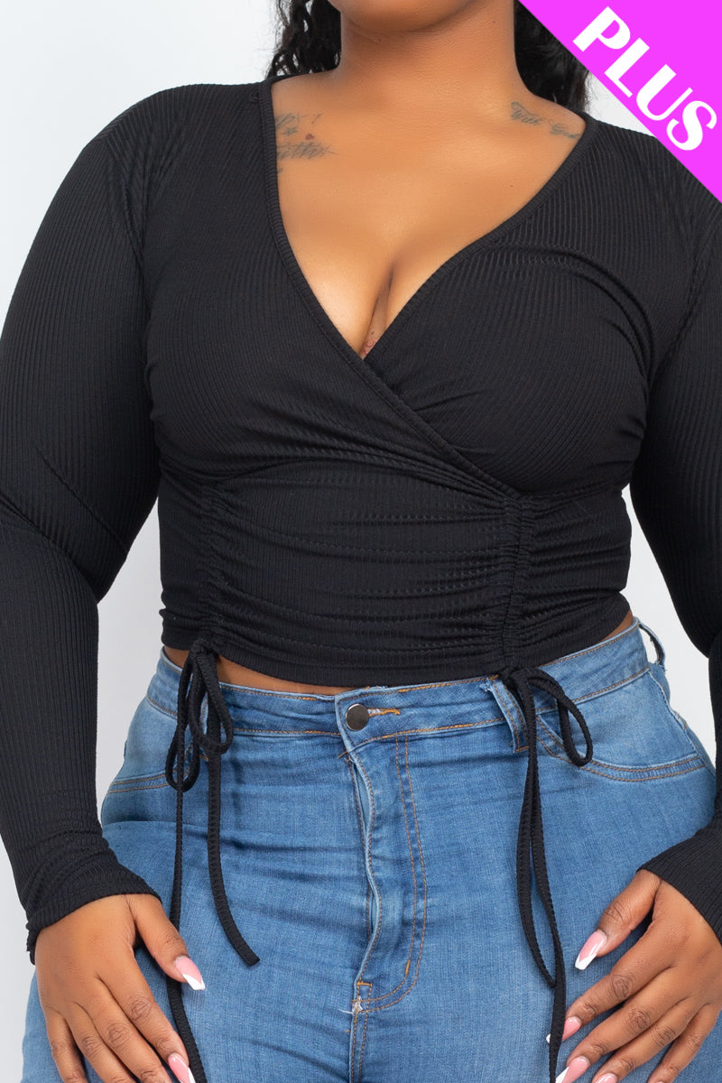 Plus Size Ribbed Drawstring Long Sleeve Crop Top - Capella Apparel Wholesale