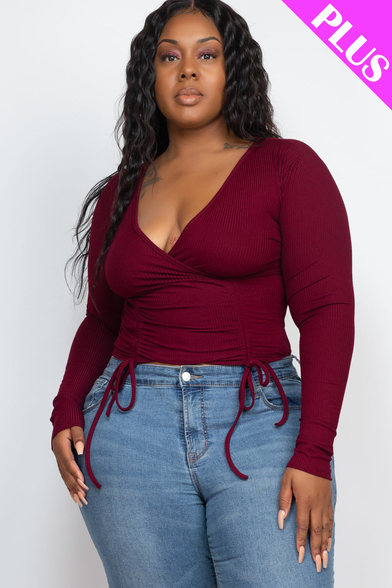 Plus Size Ribbed Drawstring Long Sleeve Crop Top - Capella Apparel Wholesale