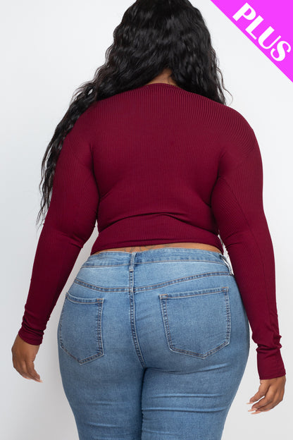 Plus Size Ribbed Drawstring Long Sleeve Crop Top - Capella Apparel Wholesale