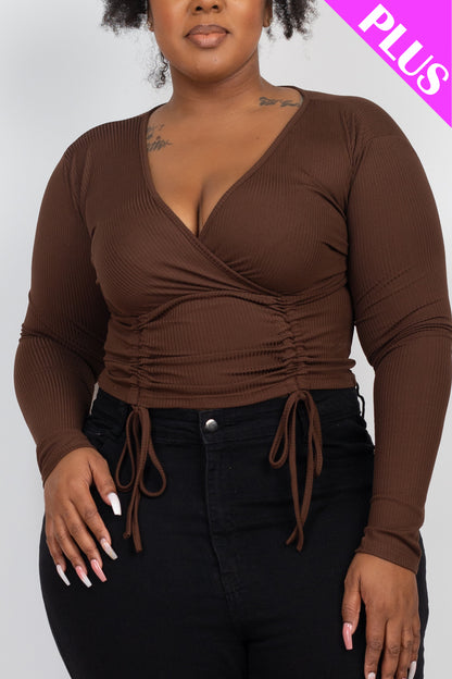 Plus Size Ribbed Drawstring Long Sleeve Crop Top - Capella Apparel Wholesale