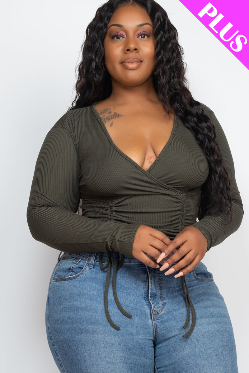 Plus Size Ribbed Drawstring Long Sleeve Crop Top - Capella Apparel Wholesale