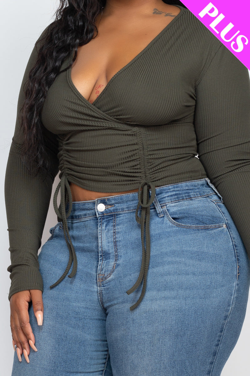 Plus Size Ribbed Drawstring Long Sleeve Crop Top - Capella Apparel Wholesale