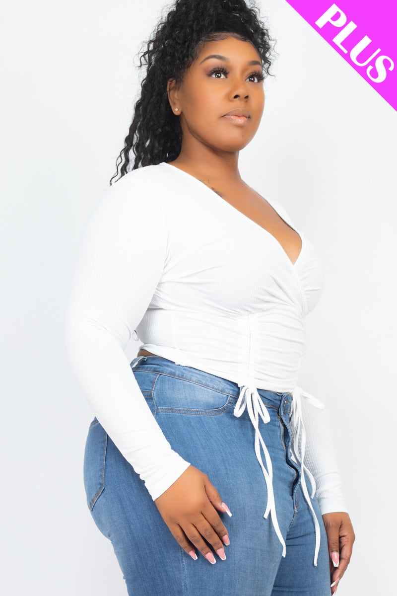 Plus Size Ribbed Drawstring Long Sleeve Crop Top - Capella Apparel Wholesale