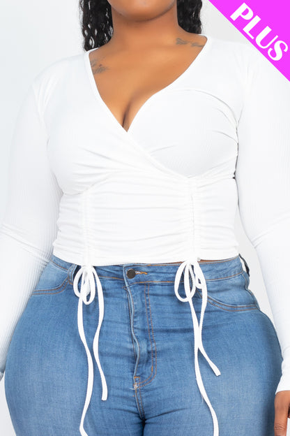 Plus Size Ribbed Drawstring Long Sleeve Crop Top - Capella Apparel Wholesale