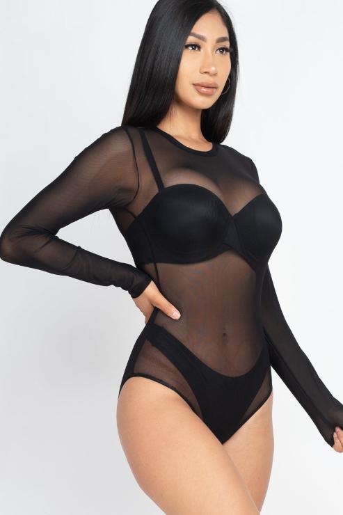 Sexy Sheer Mesh Long Sleeve Bodysuit - Wholesale Capella Apparel