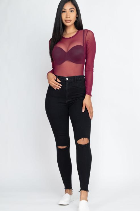 Sexy Sheer Mesh Long Sleeve Bodysuit - Wholesale Capella Apparel