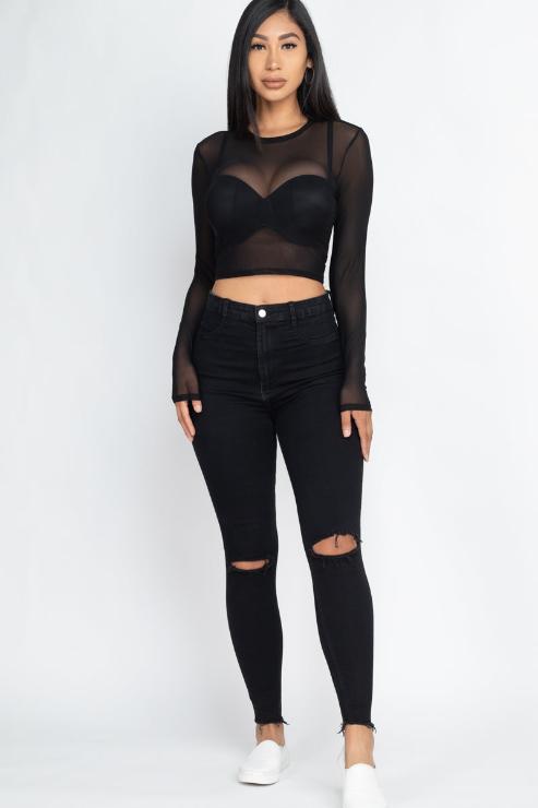 Sexy Sheer Mesh Long Sleeve Crop Top - Wholesale Capella Apparel