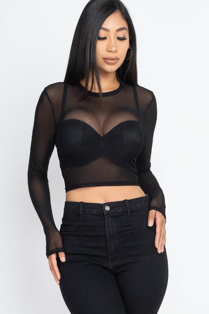 Sexy Sheer Mesh Long Sleeve Crop Top - Wholesale Capella Apparel