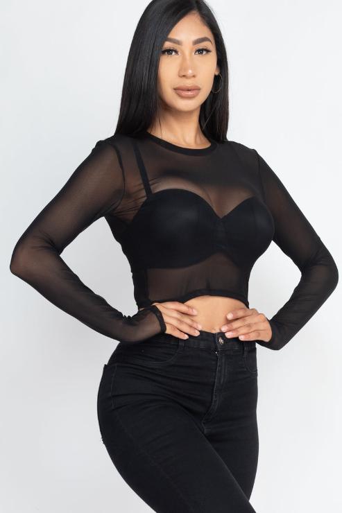 Sexy Sheer Mesh Long Sleeve Crop Top - Wholesale Capella Apparel