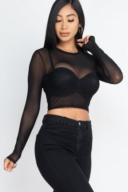 Sexy Sheer Mesh Long Sleeve Crop Top - Wholesale Capella Apparel