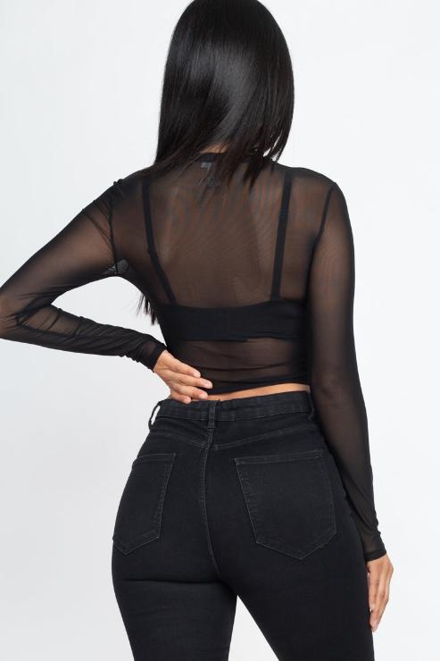 Sexy Sheer Mesh Long Sleeve Crop Top - Wholesale Capella Apparel