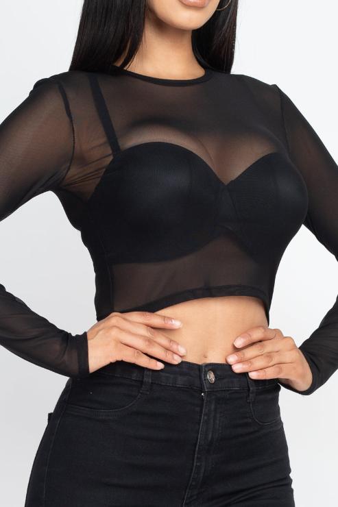 Sexy Sheer Mesh Long Sleeve Crop Top - Wholesale Capella Apparel